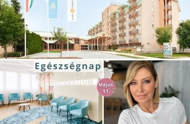 Egészségnap plakát a szálloda épületével, váróteremmel és egy mosolygó nővel