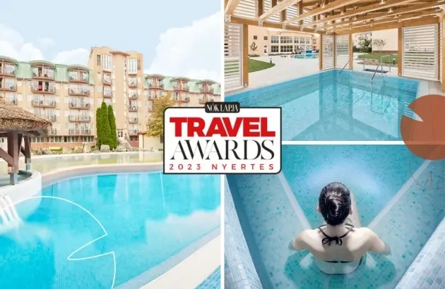 Kültéri medence, a Travel Awards 2023 nyertes emblémája és egy úszó nő