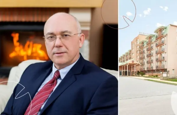 Orvos portréja a kandalló előtt, mellette a szálloda épülete