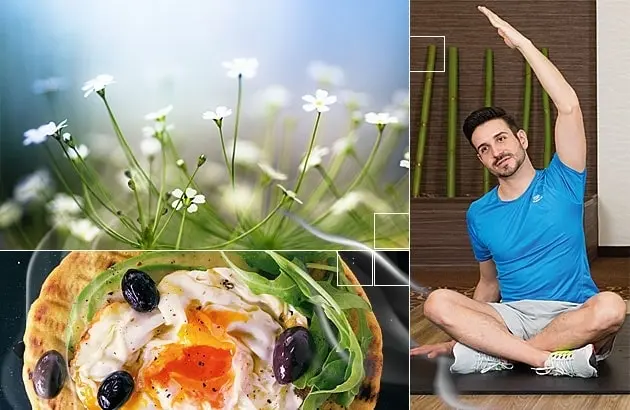 Egészséges pizza zöldségekkel és sportos férfi jógaülésben