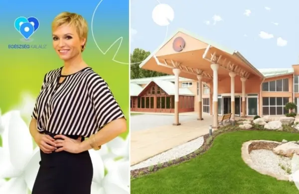 Nő csíkos blúzban a szálloda kertje előtt, mellette a fa pavilon