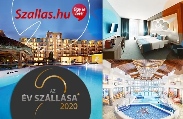Az Év Szállása 2020 logó a szálloda esti medencéje és belső terei előtt