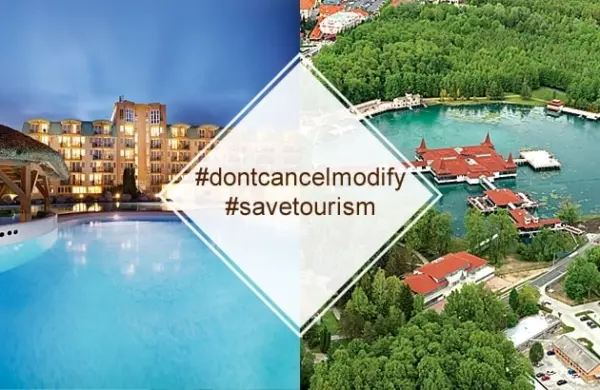 A szálloda medencéje és a Hévízi-tó #dontcancelmodify #savetourism felirattal