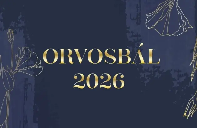 Orvosbál 2026 felirat arany betűkkel sötétkék háttéren